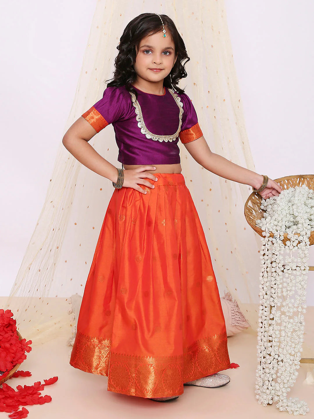 Girl - Purple Orange Pattu Lehnaga Choli
