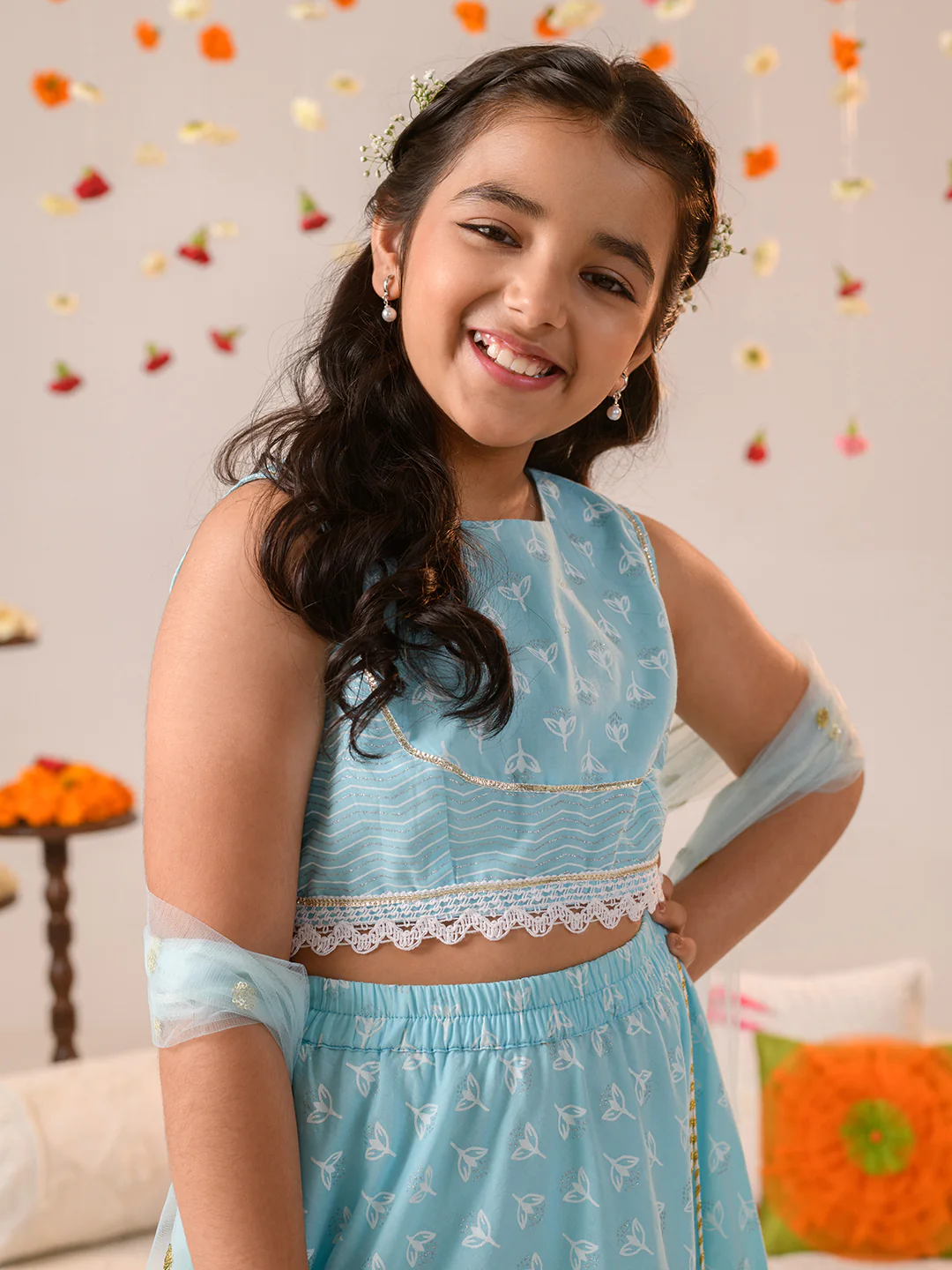 Girl - Light Blue Cotton Lehanga Choli with Dupatta