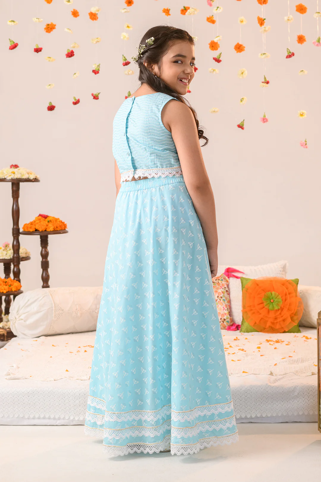 Girl - Light Blue Cotton Lehanga Choli with Dupatta