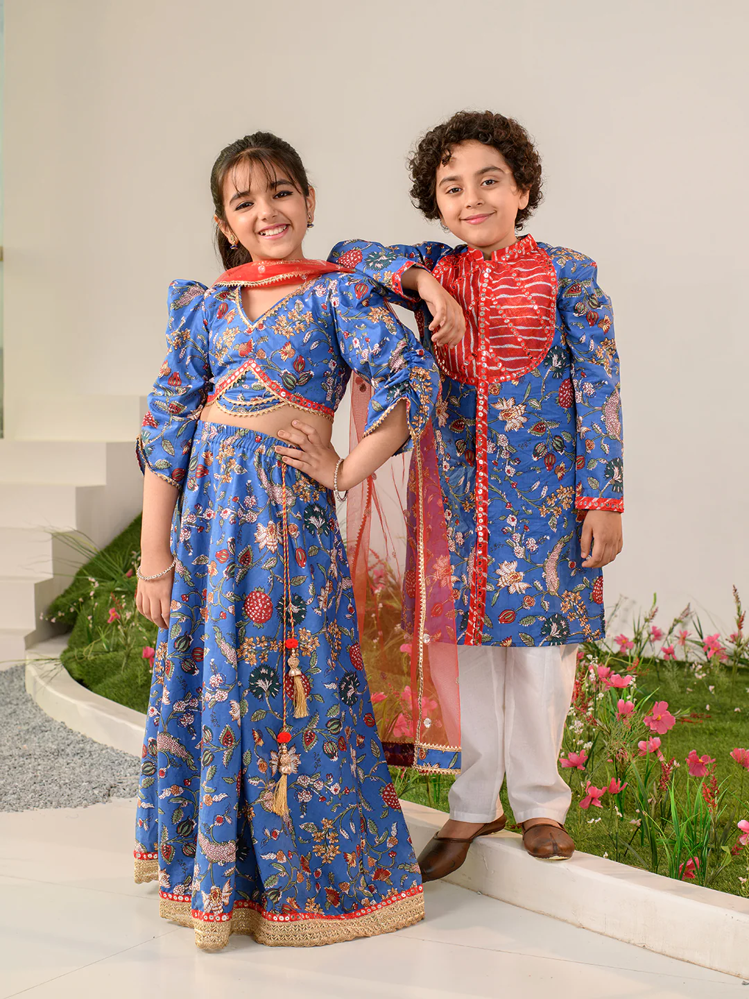 Girl - Blue and Red printed Gotta Patti & Mirror Work Lehenga choli with Dupatta