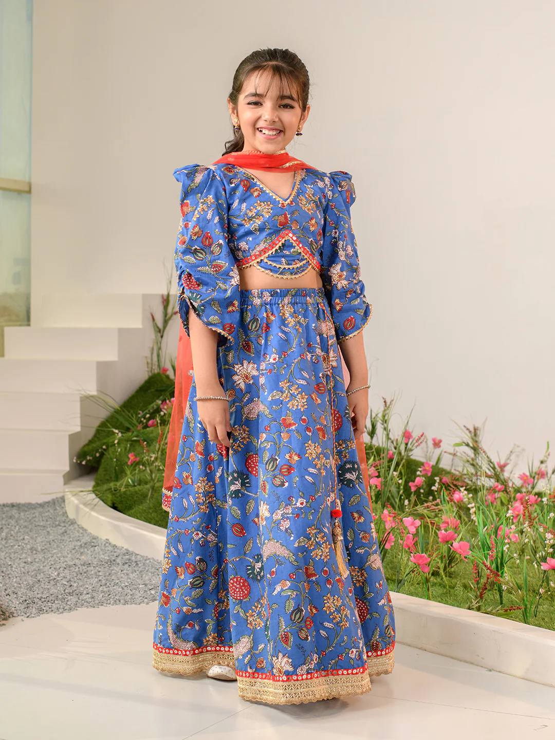 Girl - Blue and Red printed Gotta Patti & Mirror Work Lehenga choli with Dupatta
