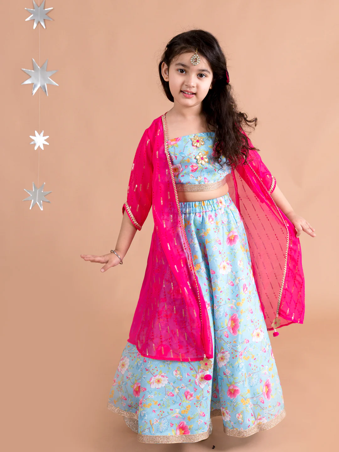 Girl - Blue Floral Print with Pink Open Jacket