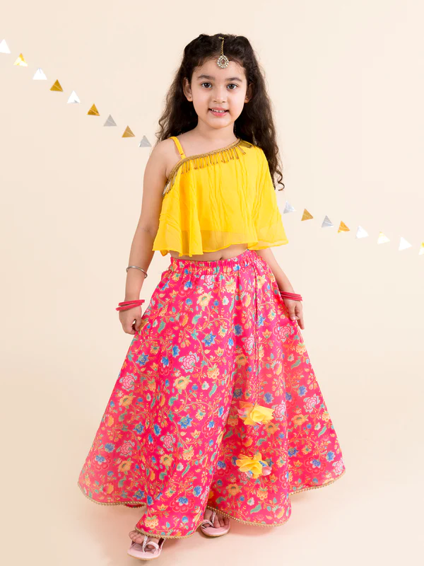 Girl - Floral Pinkish Lehanga with Yellow Choli
