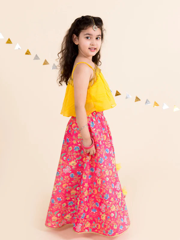 Girl - Floral Pinkish Lehanga with Yellow Choli
