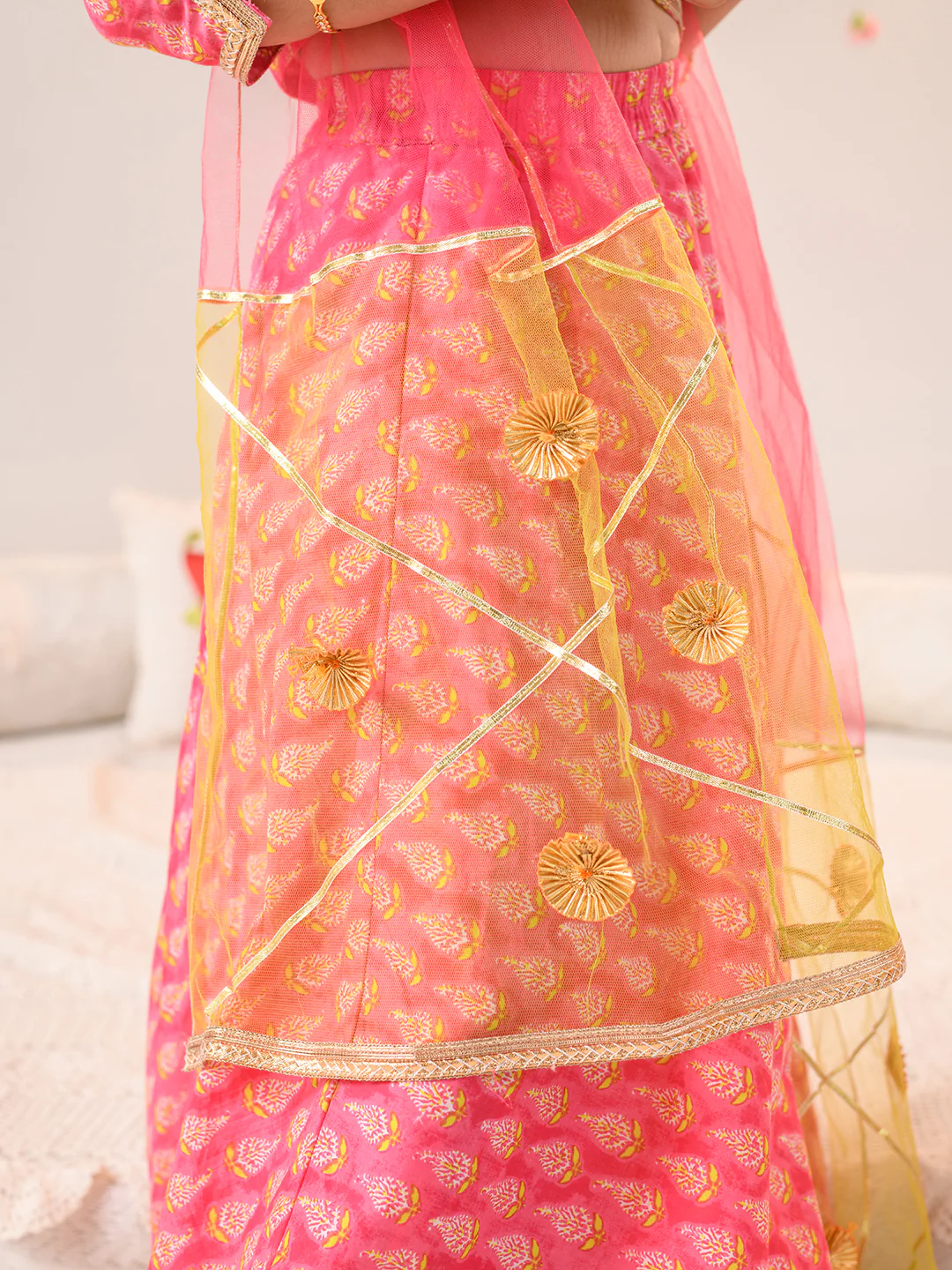 Girl - Pink & Green Gotta Patti Work Lehanga Choli with Dupatta