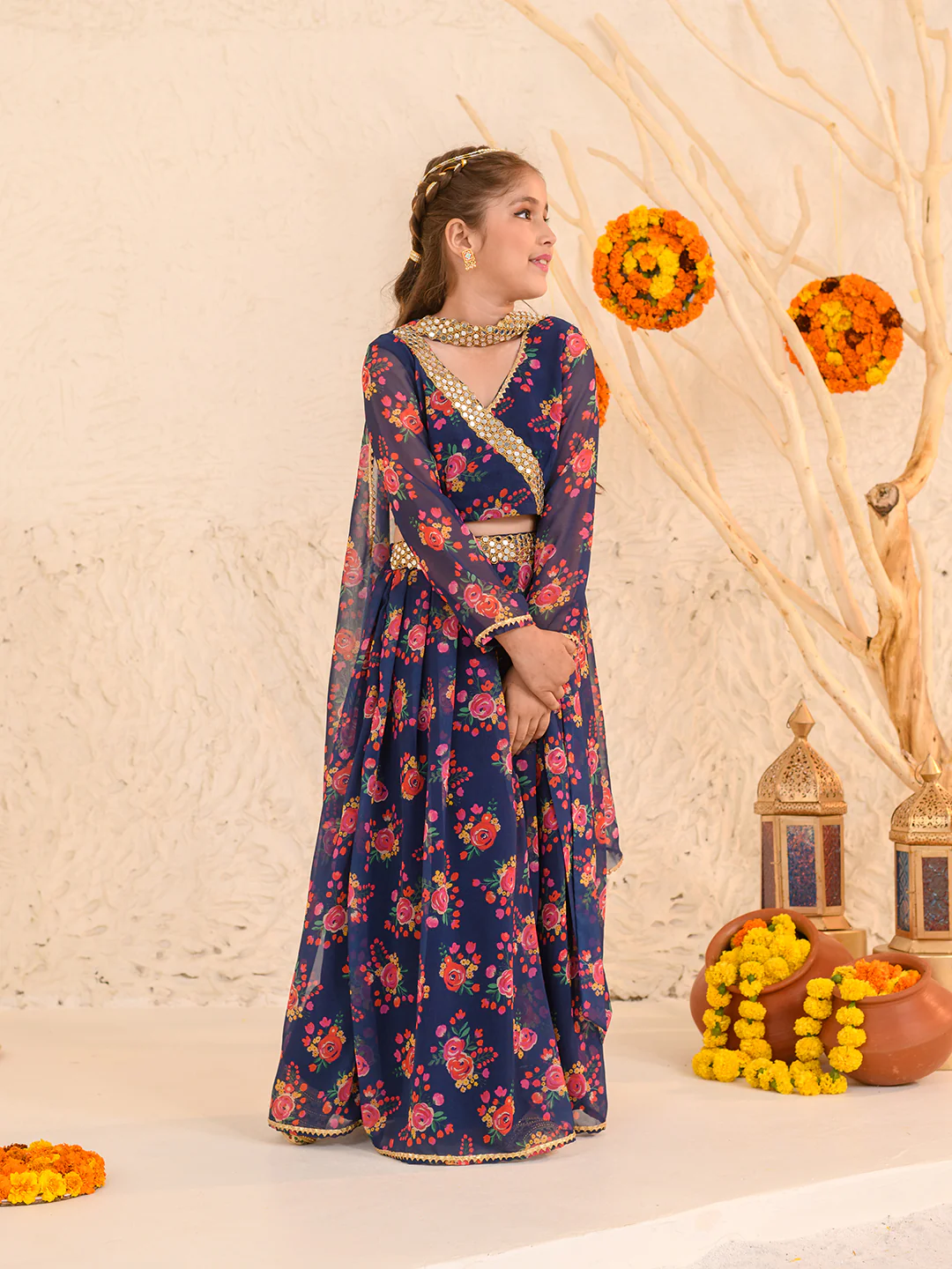 Girl - Navy Blue Floral Print Lehanga Choli Georgette