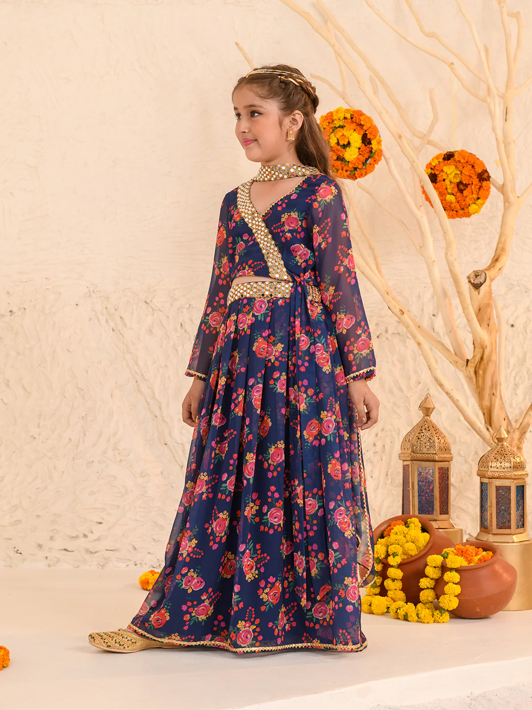 Girl - Navy Blue Floral Print Lehanga Choli Georgette