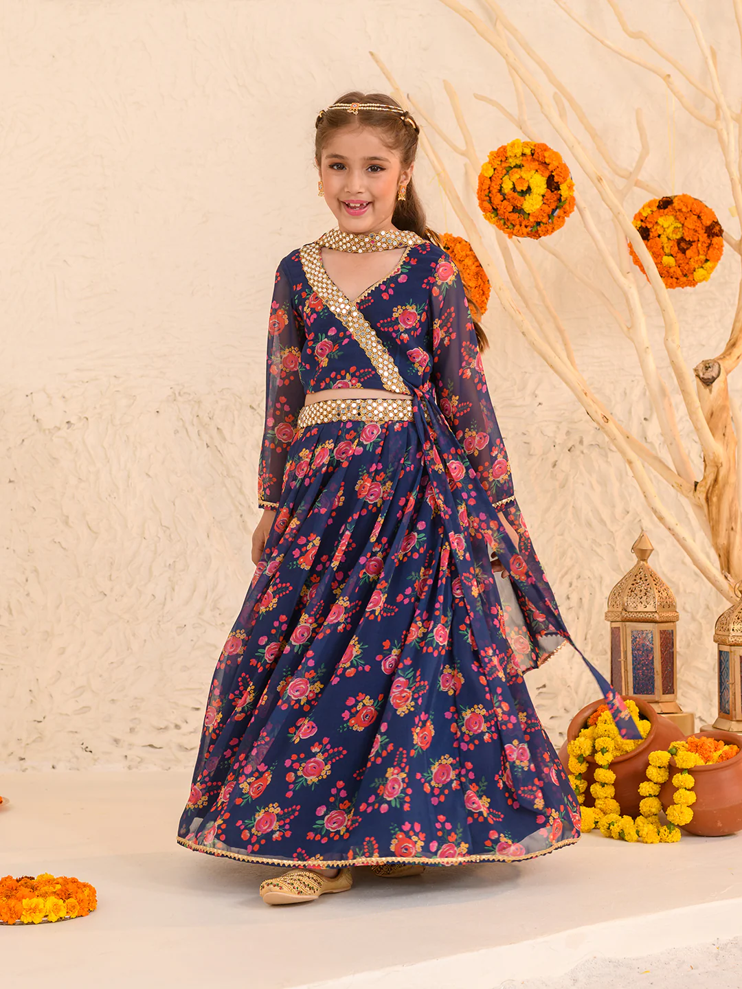 Girl - Navy Blue Floral Print Lehanga Choli Georgette