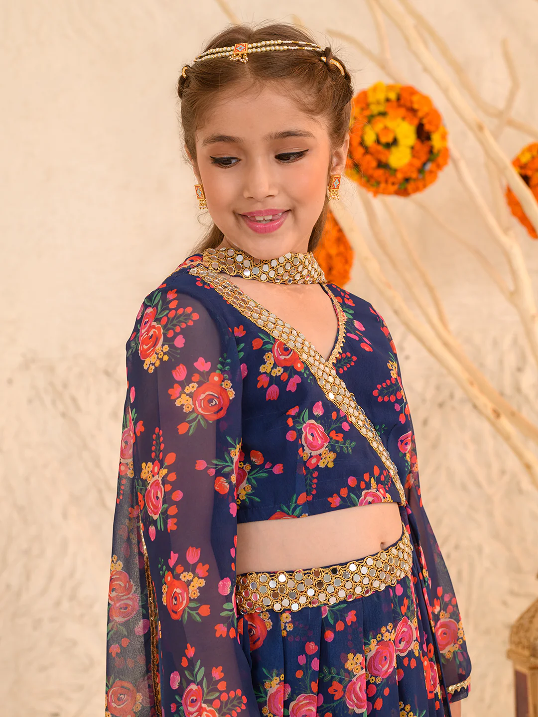 Girl - Navy Blue Floral Print Lehanga Choli Georgette
