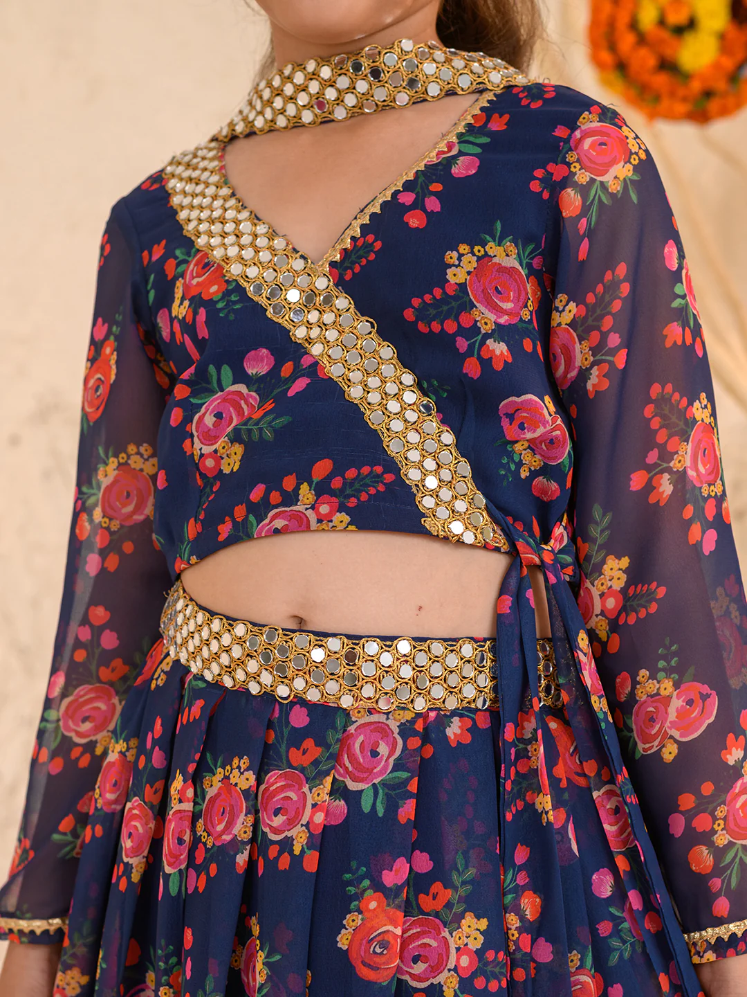 Girl - Navy Blue Floral Print Lehanga Choli Georgette
