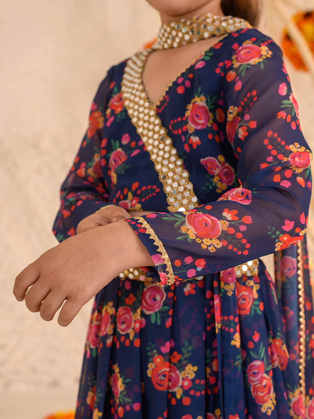 Girl - Navy Blue Floral Print Lehanga Choli Georgette