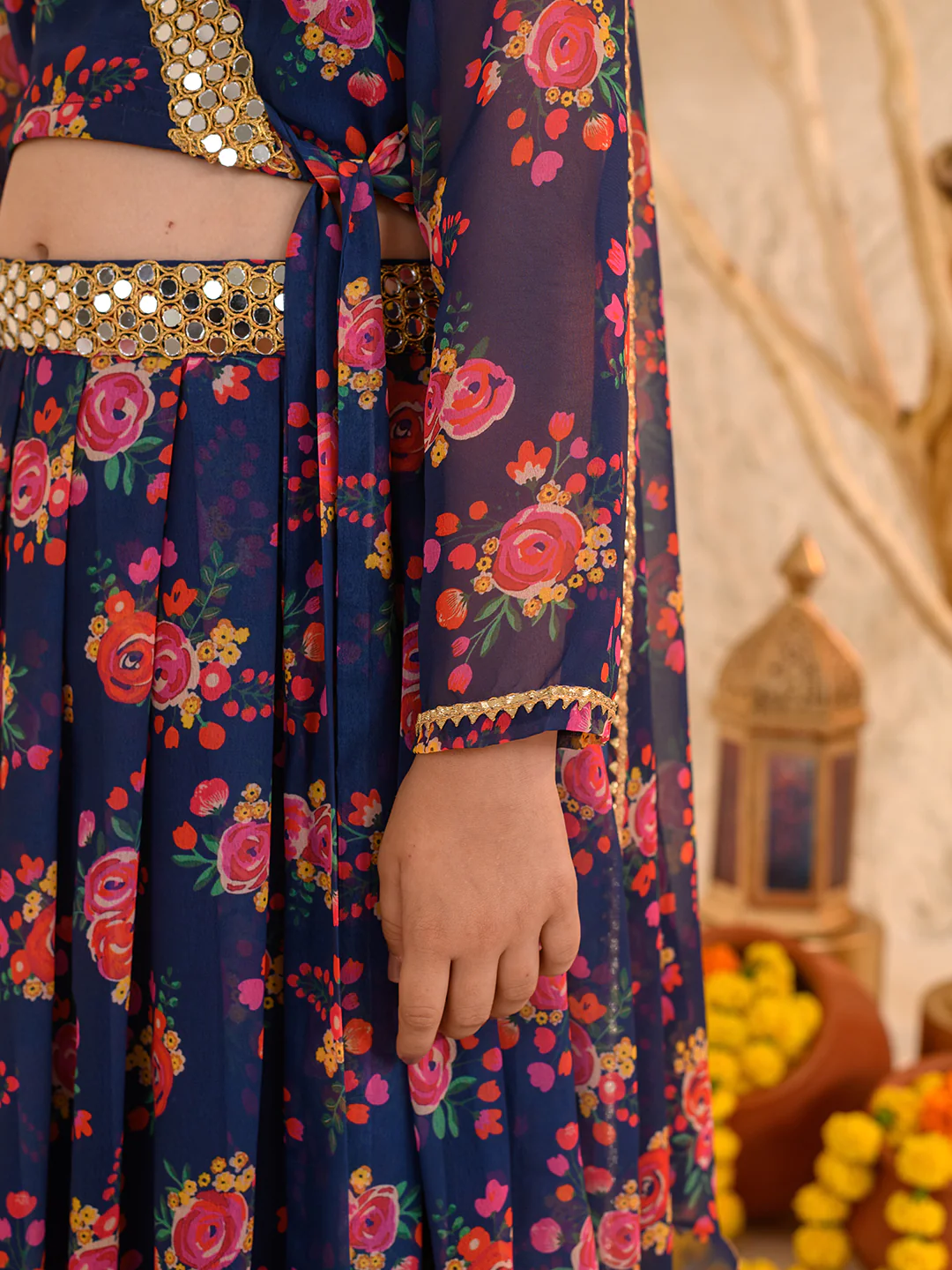 Girl - Navy Blue Floral Print Lehanga Choli Georgette