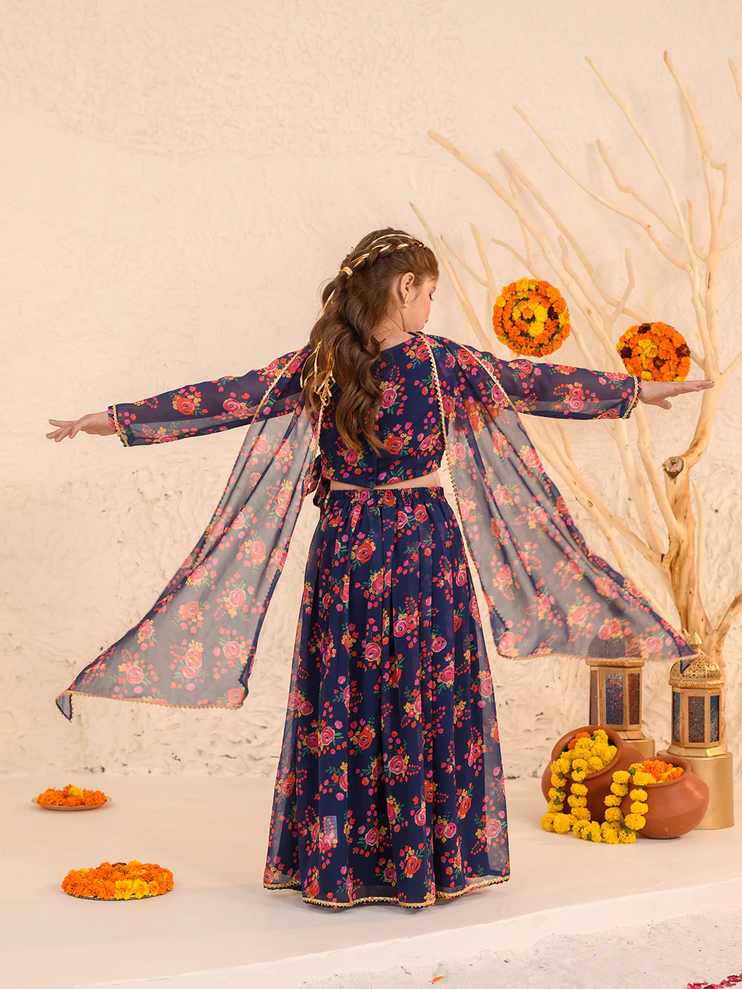 Girl - Navy Blue Floral Print Lehanga Choli Georgette