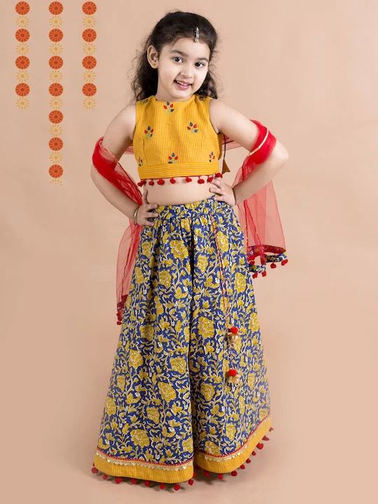 Girl - Yellow & Navy Blue Floral Print Lehanga Choli with Red Dupatta