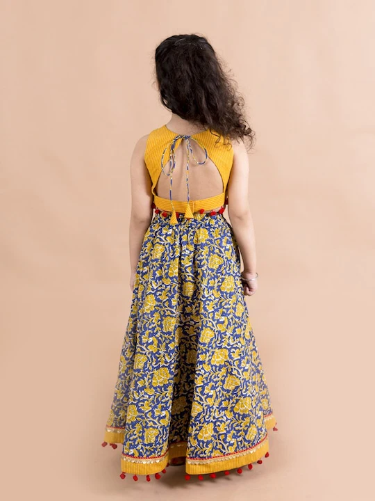 Girl - Yellow & Navy Blue Floral Print Lehanga Choli with Red Dupatta