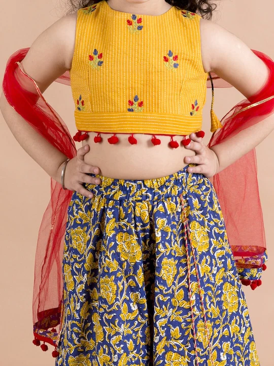 Girl - Yellow & Navy Blue Floral Print Lehanga Choli with Red Dupatta