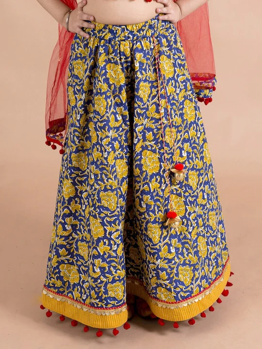 Girl - Yellow & Navy Blue Floral Print Lehanga Choli with Red Dupatta
