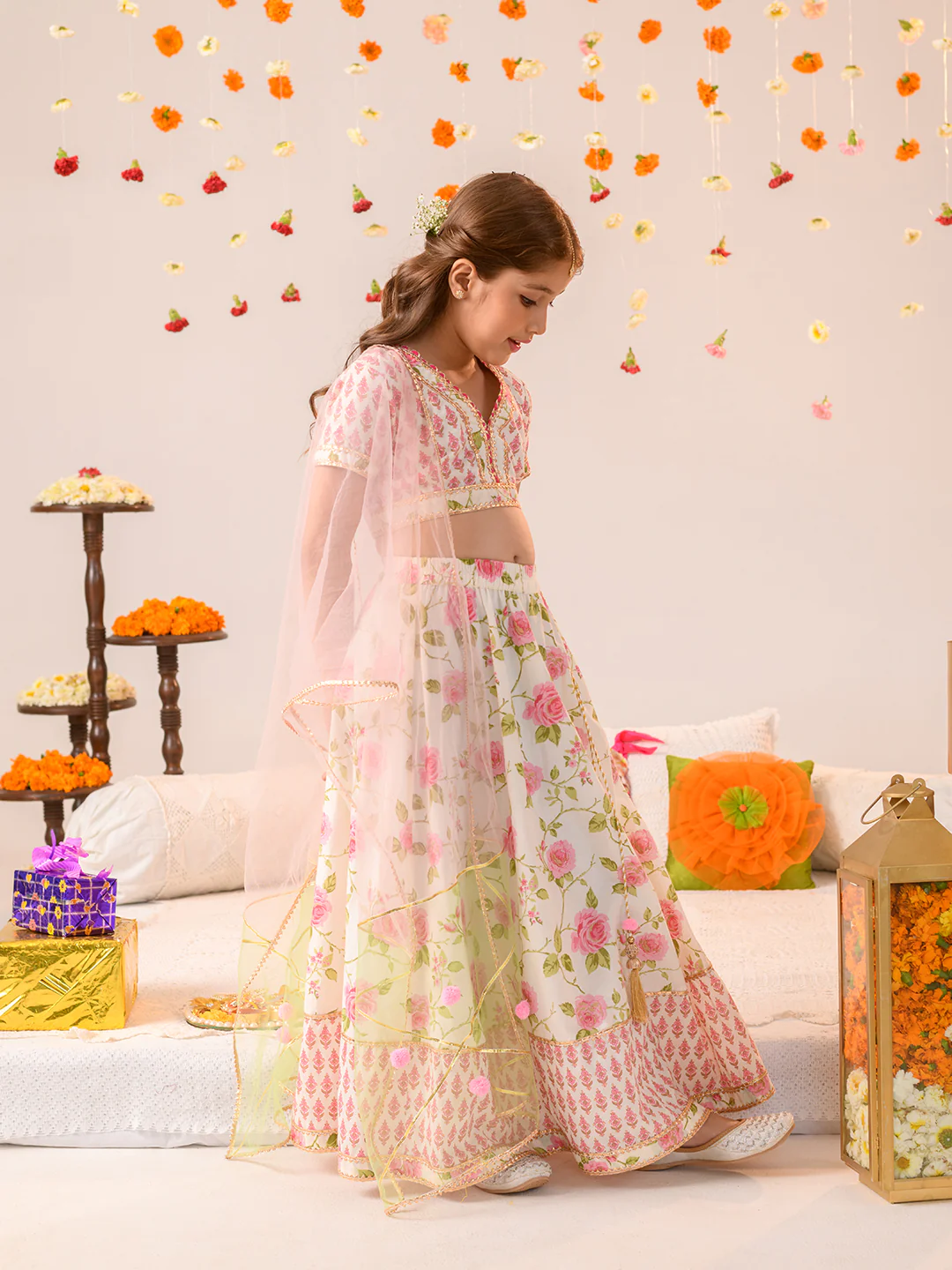 Girl - Offwhite & Pink Floral Print Lehanga Choli with Dupatta