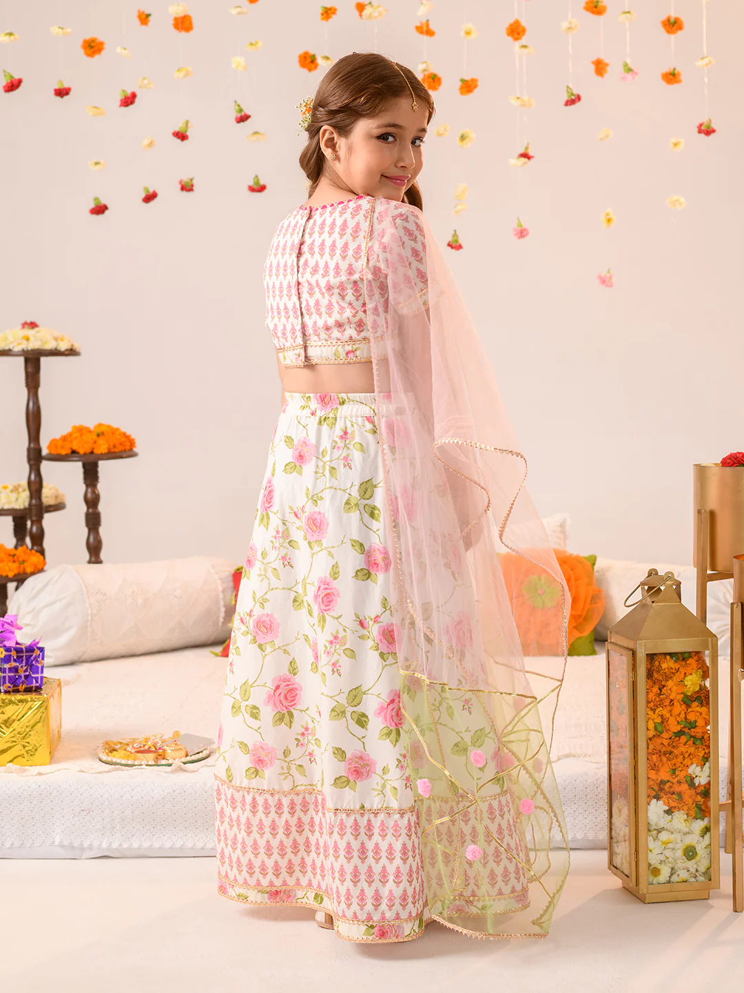 Girl - Offwhite & Pink Floral Print Lehanga Choli with Dupatta