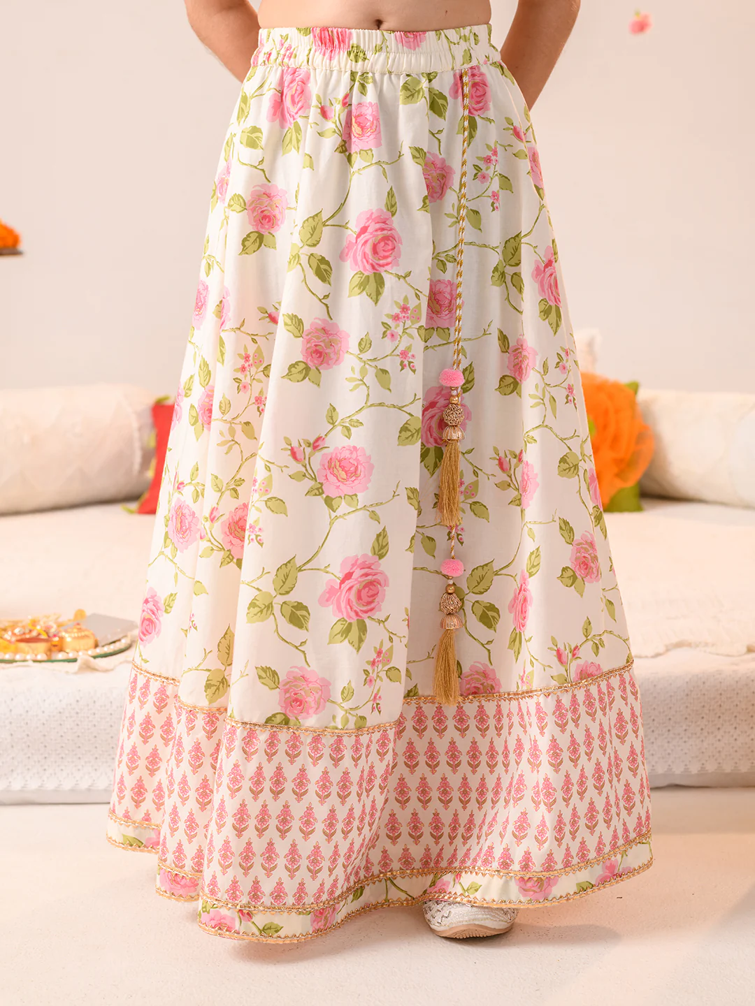 Girl - Offwhite & Pink Floral Print Lehanga Choli with Dupatta