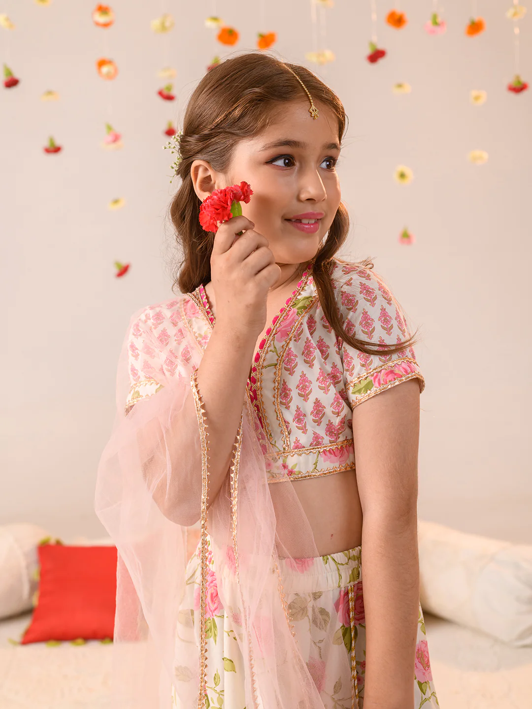Girl - Offwhite & Pink Floral Print Lehanga Choli with Dupatta