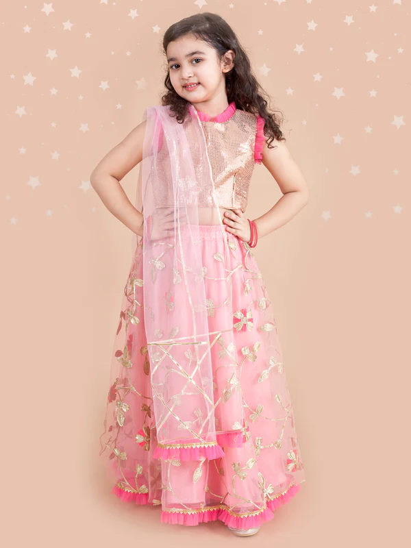 Girl - Pink & Gold Embroidered lehenga with Sequence with choli