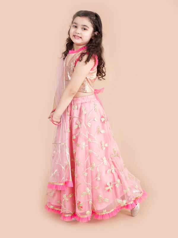Girl - Pink & Gold Embroidered lehenga with Sequence with choli
