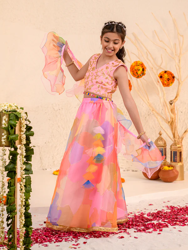 Girl - Pink Lehanga with Splash Print & Golden work Choli with Dupatta