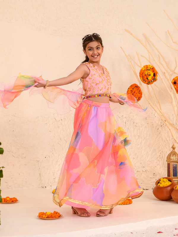 Girl - Pink Lehanga with Splash Print & Golden work Choli with Dupatta