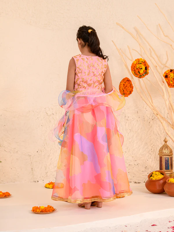 Girl - Pink Lehanga with Splash Print & Golden work Choli with Dupatta