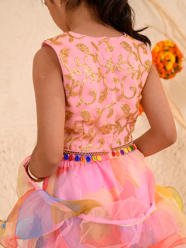 Girl - Pink Lehanga with Splash Print & Golden work Choli with Dupatta