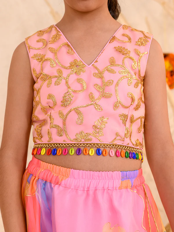 Girl - Pink Lehanga with Splash Print & Golden work Choli with Dupatta