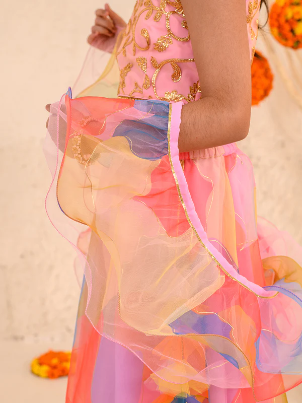 Girl - Pink Lehanga with Splash Print & Golden work Choli with Dupatta