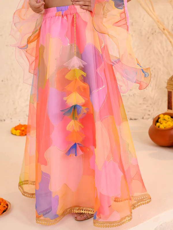 Girl - Pink Lehanga with Splash Print & Golden work Choli with Dupatta