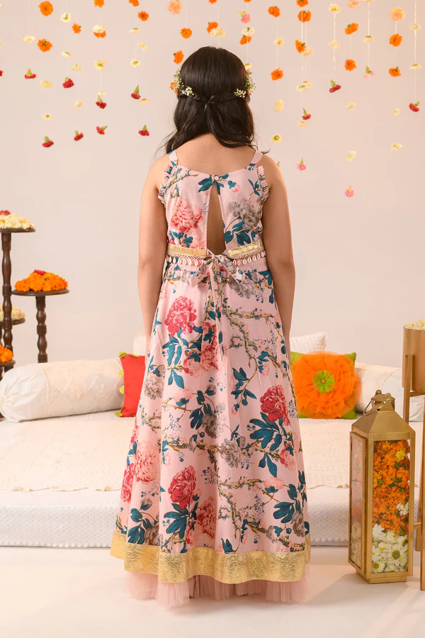 Girl - Nude Pink Floral Print Lehanga Choli with Net Dupatta