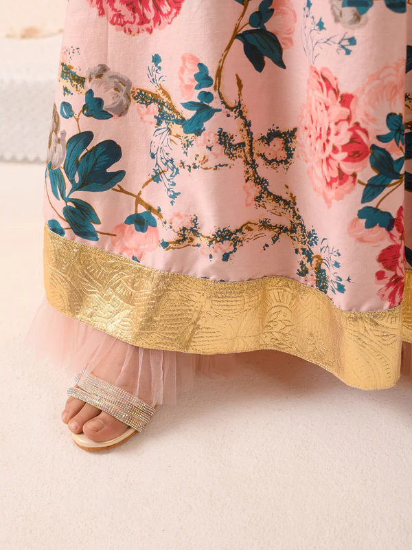 Girl - Nude Pink Floral Print Lehanga Choli with Net Dupatta