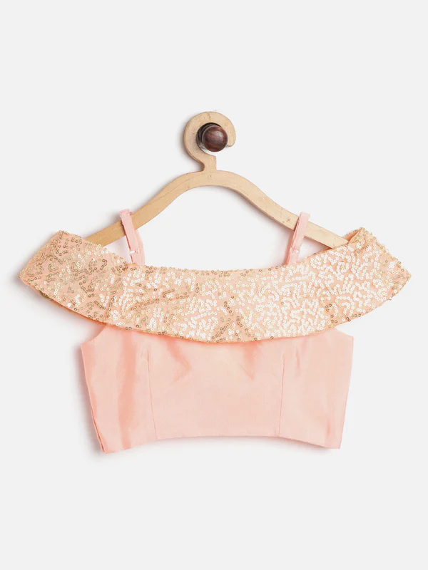 Girl - Offshoulder Sequence Choli with Pink Floral Print Lehanga