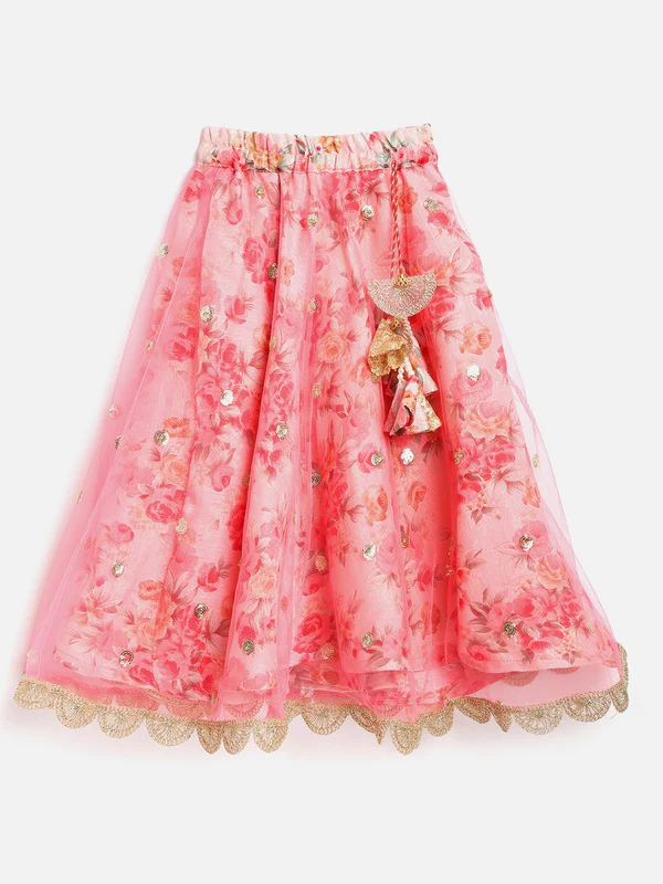 Girl - Offshoulder Sequence Choli with Pink Floral Print Lehanga