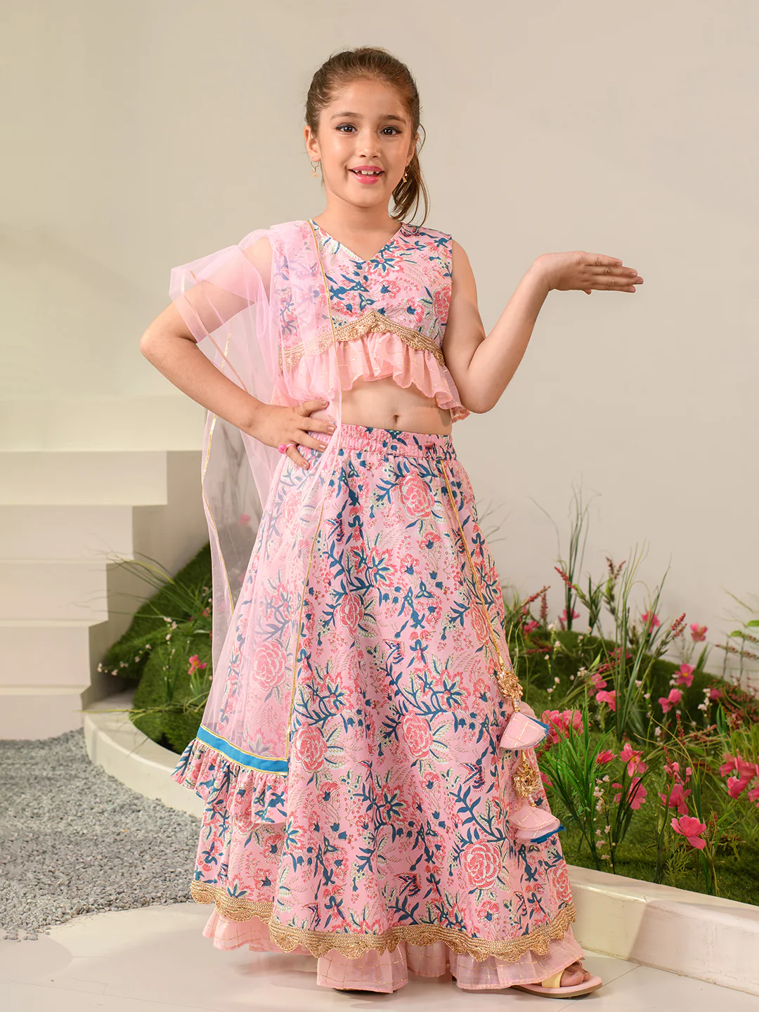 Girl - Pink Floral Print Lehanga Choli with Dupatta
