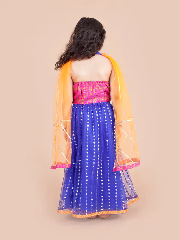 Girl - Blue Lehanga with Halter Neck Choli & Dupatta