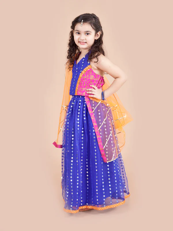 Girl - Blue Lehanga with Halter Neck Choli & Dupatta