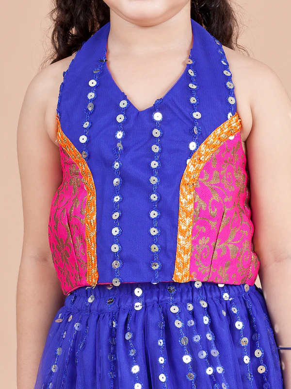 Girl - Blue Lehanga with Halter Neck Choli & Dupatta