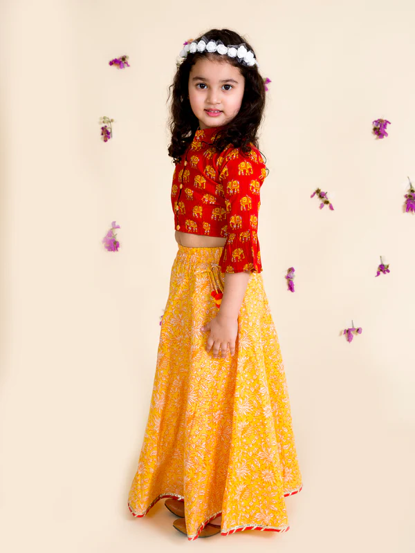 Girl - Cotton Red Choli with Bell Sleeves & Yellow Lehanga