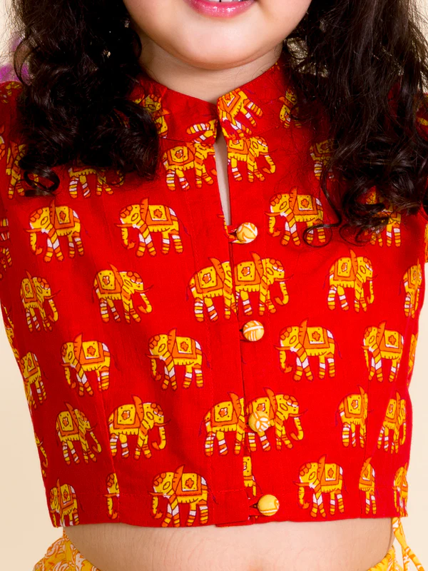 Girl - Cotton Red Choli with Bell Sleeves & Yellow Lehanga