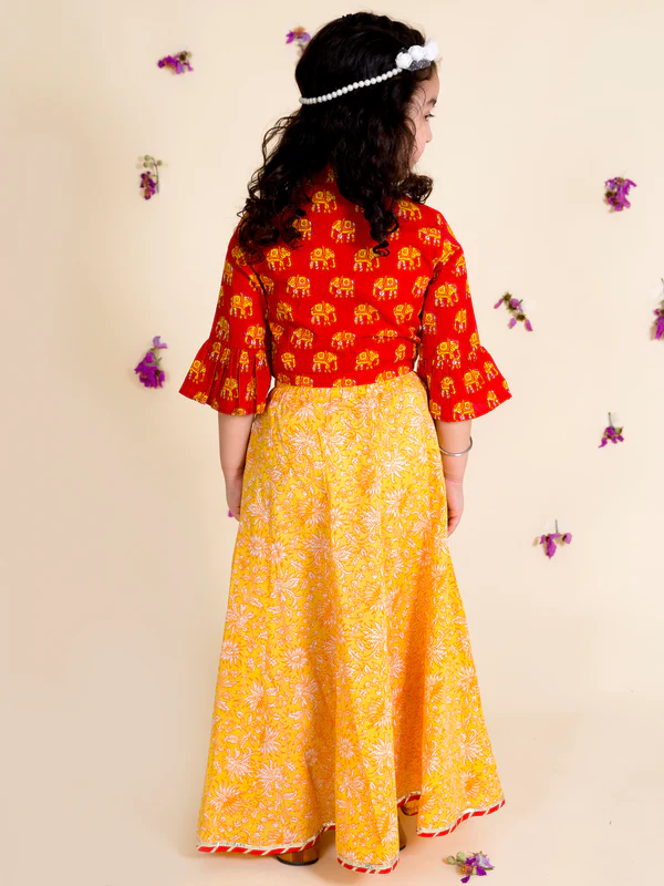 Girl - Cotton Red Choli with Bell Sleeves & Yellow Lehanga