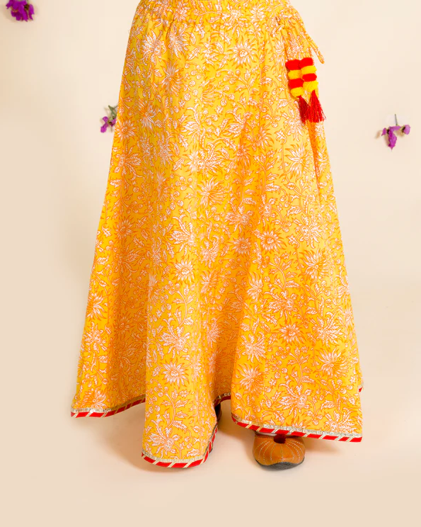 Girl - Cotton Red Choli with Bell Sleeves & Yellow Lehanga