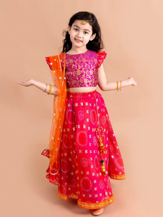 Girl - Pink Lehanga Choli with Orange MirrorWork Dupatta