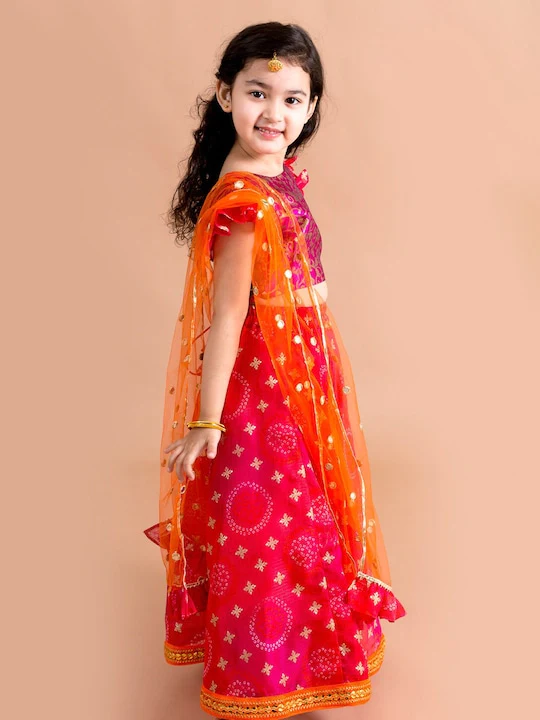 Girl - Pink Lehanga Choli with Orange MirrorWork Dupatta