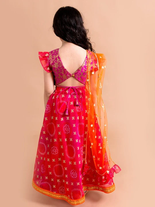 Girl - Pink Lehanga Choli with Orange MirrorWork Dupatta