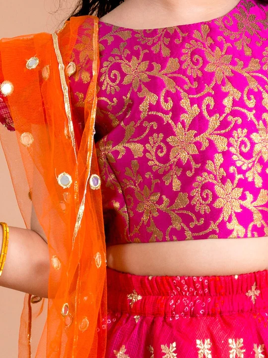 Girl - Pink Lehanga Choli with Orange MirrorWork Dupatta